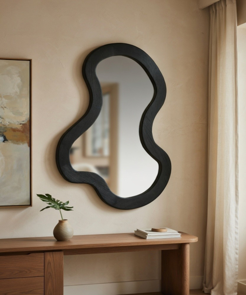 Modern Irregular Shape Wall Mirror with Wooden Frame